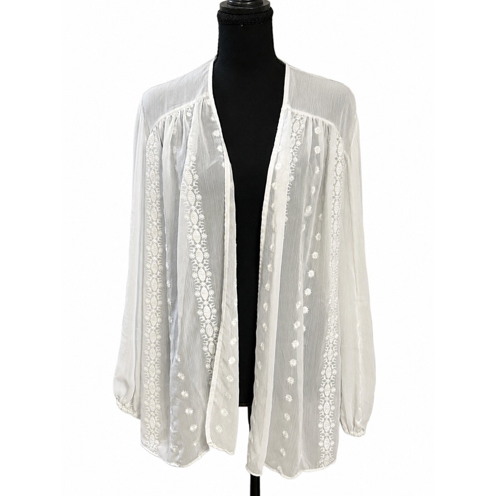 two50two by ZOA White Embroidered Sheer Kimono Cardigan Boho Cottagecore CoverUp